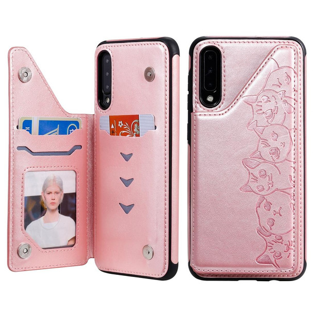 Galaxy A50 Six Cats Embossing Pattern Protective Case with Holder & Card Slots & Photo Frame(Rose Gold)