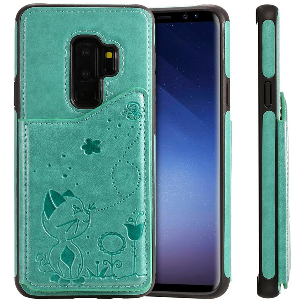 Galaxy S9 Plus Cat Bee Embossing Pattern Shockproof Protective Case with Card Slots & Photo Frame(Green)