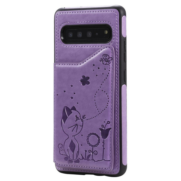 Galaxy S10 5G Cat Bee Embossing Pattern Shockproof Protective Case with Card Slots & Photo Frame(Purple)