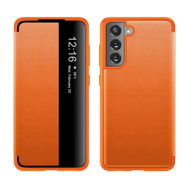 Samsung Galaxy S21 FE Magnetic Side Window View Shockproof Horizontal Flip Leather Case(Orange)