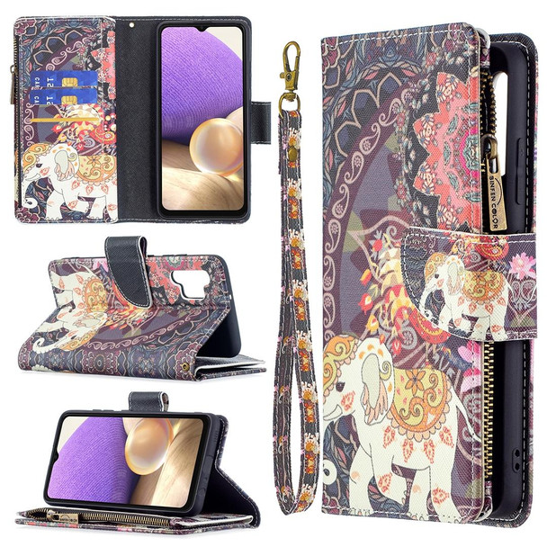 Samsung Galaxy A32 4G Colored Drawing Pattern Zipper Horizontal Flip Leather Case with Holder & Card Slots & Wallet(Flower Elephants)