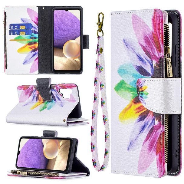 Samsung Galaxy A32 4G Colored Drawing Pattern Zipper Horizontal Flip Leather Case with Holder & Card Slots & Wallet(Sun Flower)