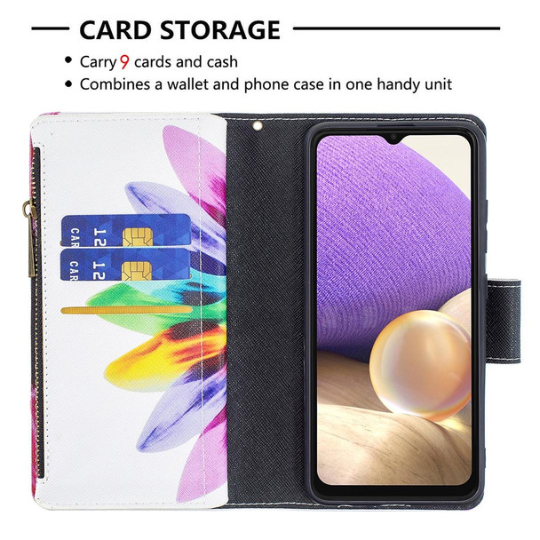 Samsung Galaxy A32 4G Colored Drawing Pattern Zipper Horizontal Flip Leather Case with Holder & Card Slots & Wallet(Sun Flower)