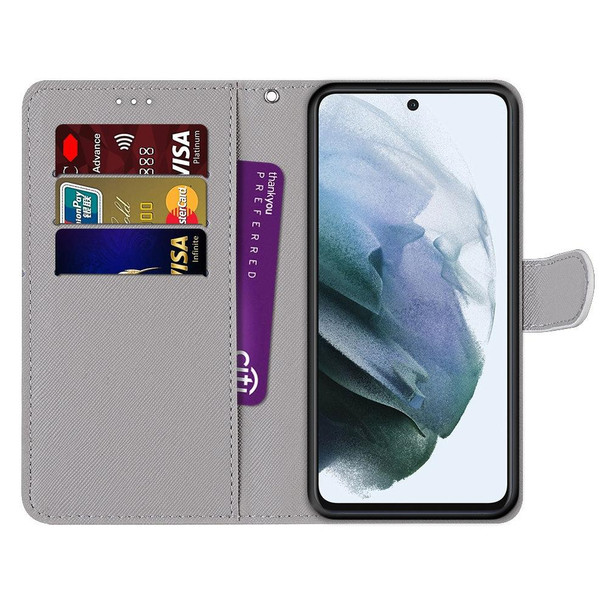 Samsung Galaxy S21 FE Coloured Drawing Cross Texture Horizontal Flip PU Leather Case with Holder & Card Slots & Wallet & Lanyard(Slant Hat Blue Mirror Cat)