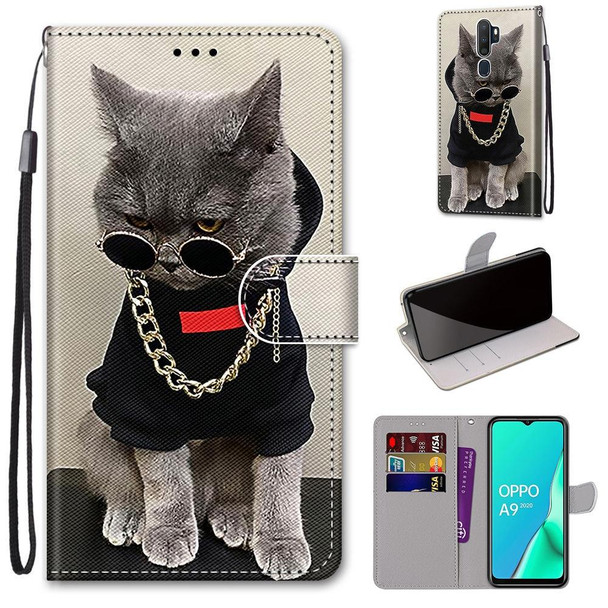 OPPO A9 (2020) / A5 (2020) / A11X / A11 Coloured Drawing Cross Texture Horizontal Flip PU Leather Case with Holder & Card Slots & Wallet & Lanyard(Golden Chain Grey Cat)