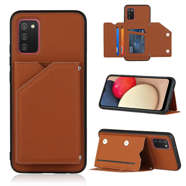 Samsung Galaxy A02s (EU Version) Skin Feel PU + TPU + PC Back Cover Shockproof Case with Card Slots & Holder & Photo Frame(Brown)