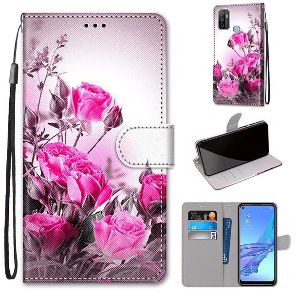 OPPO A53 4G(2020) / A53s / A32 / A33 (2020) Coloured Drawing Cross Texture Horizontal Flip PU Leather Case with Holder & Card Slots & Wallet & Lanyard(Wild Rose)