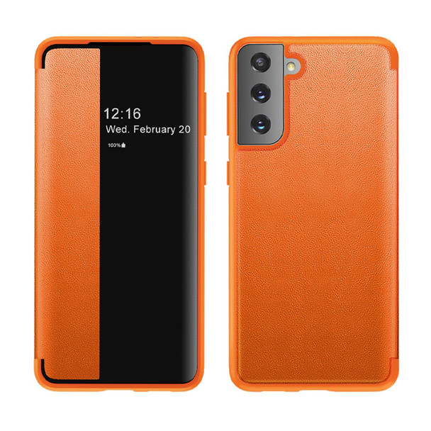 Samsung Galaxy S21 Ultra 5G Magnetic Side Window View Shockproof Horizontal Flip Leather Case(Orange)
