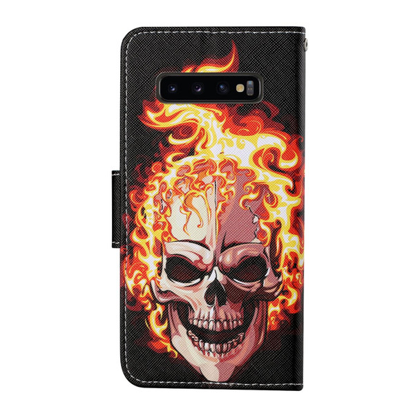 Samsung Galaxy S10 Colored Drawing Pattern Horizontal Flip Leather Case with Holder & Card Slots & Wallet & Lanyard(Flame Skull)