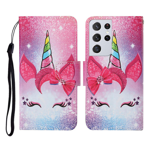 Samsung Galaxy S21 Ultra 5G Colored Drawing Pattern Horizontal Flip Leather Case with Holder & Card Slots & Wallet & Lanyard(Eyelash Unicorn)