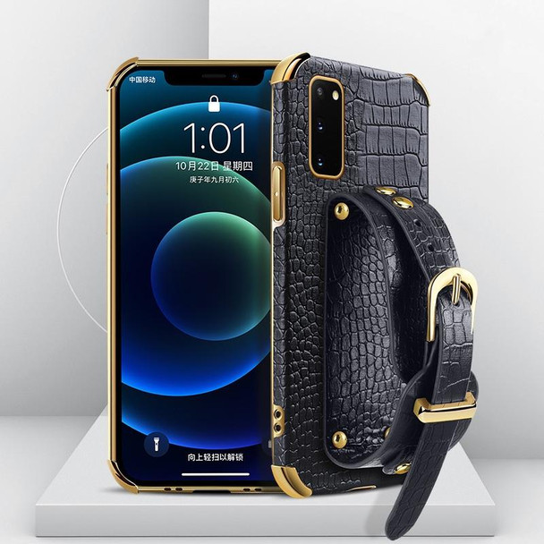 Electroplated TPU Crocodile Pattern Leatherette Case with Wrist Strap - Samsung Galaxy S20(Black)