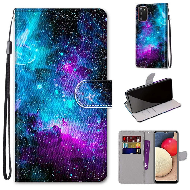 Samsung Galaxy A02s / M02s Coloured Drawing Cross Texture Horizontal Flip PU Leather Case with Holder & Card Slots & Wallet & Lanyard(Purple Green Starry Sky)