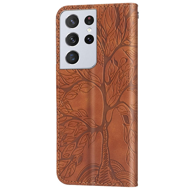 Samsung Galaxy S21 Ultra 5G Life of Tree Embossing Pattern Horizontal Flip Leather Case with Holder & Card Slot & Wallet & Photo Frame & Lanyard(Brown)