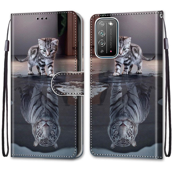 Huawei Honor X10 / X10 Pro Coloured Drawing Cross Texture Horizontal Flip PU Leather Case with Holder & Card Slots & Wallet & Lanyard(Cat Becomes Tiger)