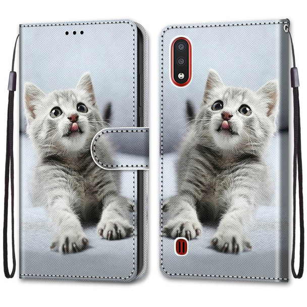 Samsung Galaxy M01 Coloured Drawing Cross Texture Horizontal Flip PU Leather Case with Holder & Card Slots & Wallet & Lanyard(Small Gray Cat)