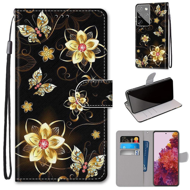 Samsung Galaxy S21 Ultra 5G Coloured Drawing Cross Texture Horizontal Flip PU Leather Case with Holder & Card Slots & Wallet & Lanyard(Gold Diamond Butterfly)