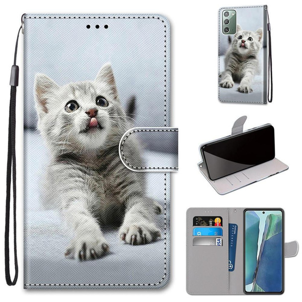 Samsung Galaxy Note 20 Coloured Drawing Cross Texture Horizontal Flip PU Leather Case with Holder & Card Slots & Wallet & Lanyard(Small Gray Cat)