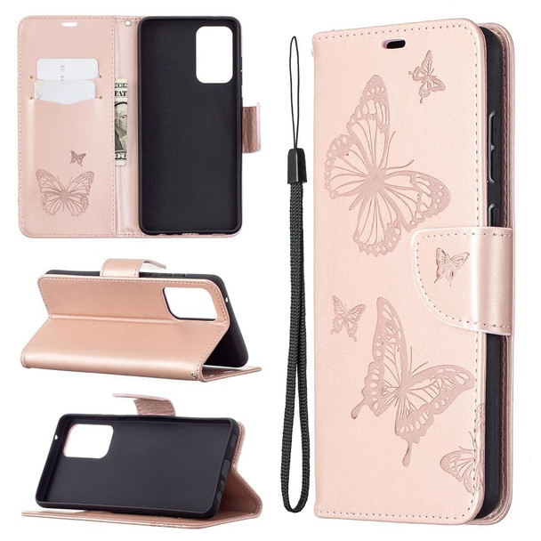 SamsungGalaxy A72 5G / 4G Embossing Two Butterflies Pattern Horizontal Flip PU Leather Case with Holder & Card Slot & Wallet & Lanyard(Rose Gold)