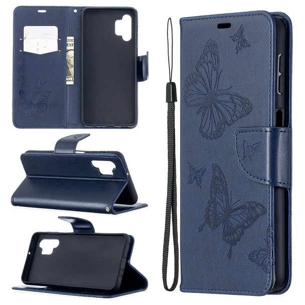 Samsung Galaxy A32 5G Embossing Two Butterflies Pattern Horizontal Flip PU Leather Case with Holder & Card Slot & Wallet & Lanyard(Blue)