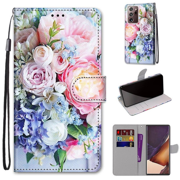 Samsung Galaxy Note20 Ultra Coloured Drawing Cross Texture Horizontal Flip PU Leather Case with Holder & Card Slots & Wallet & Lanyard(Light Pink Bouquet)