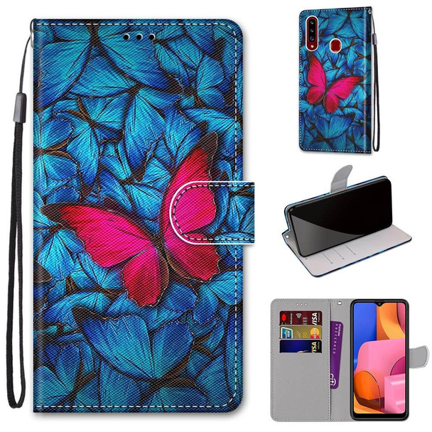 Samsung Galaxy A20s Coloured Drawing Cross Texture Horizontal Flip PU Leather Case with Holder & Card Slots & Wallet & Lanyard(Big Red Butterfly On Blue)