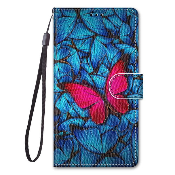 Samsung Galaxy A20s Coloured Drawing Cross Texture Horizontal Flip PU Leather Case with Holder & Card Slots & Wallet & Lanyard(Big Red Butterfly On Blue)