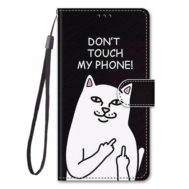 Samsung Galaxy A20s Coloured Drawing Cross Texture Horizontal Flip PU Leather Case with Holder & Card Slots & Wallet & Lanyard(Middle Finger White Cat)