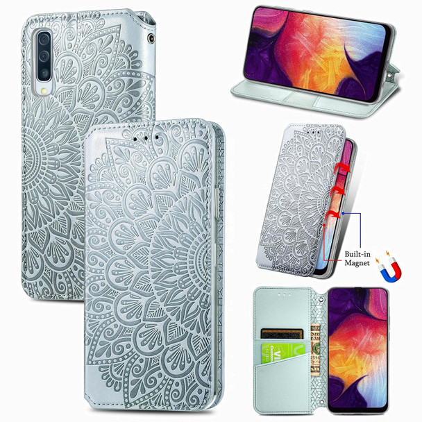 Samsung Galaxy A50 Blooming Mandala Embossed Pattern Magnetic Horizontal Flip Leather Case with Holder & Card Slots & Wallet(Grey)