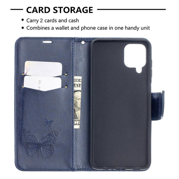 Samsung Galaxy A12 Two Butterflies Embossing Pattern Horizontal Flip Leather Case with Holder & Card Slot & Wallet & Lanyard(Dark Blue)