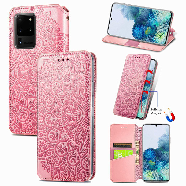 Samsung Galaxy S20 Ultra Blooming Mandala Embossed Pattern Magnetic Horizontal Flip Leather Case with Holder & Card Slots & Wallet(Pink)