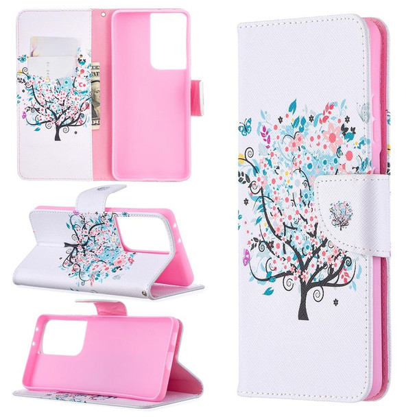 Samsung Galaxy S21 Ultra 5G Colored Drawing Pattern Horizontal Flip Leather Case with Holder & Card Slots & Wallet(Little Tree)