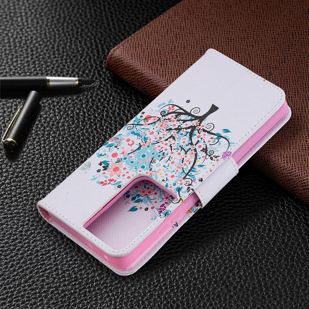 Samsung Galaxy S21 Ultra 5G Colored Drawing Pattern Horizontal Flip Leather Case with Holder & Card Slots & Wallet(Little Tree)