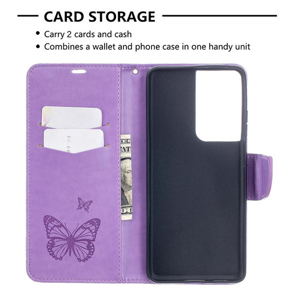 Samsung Galaxy S21 Ultra 5G Embossing Two Butterflies Pattern Horizontal Flip PU Leather Case with Holder & Card Slot & Wallet & Lanyard(Purple)