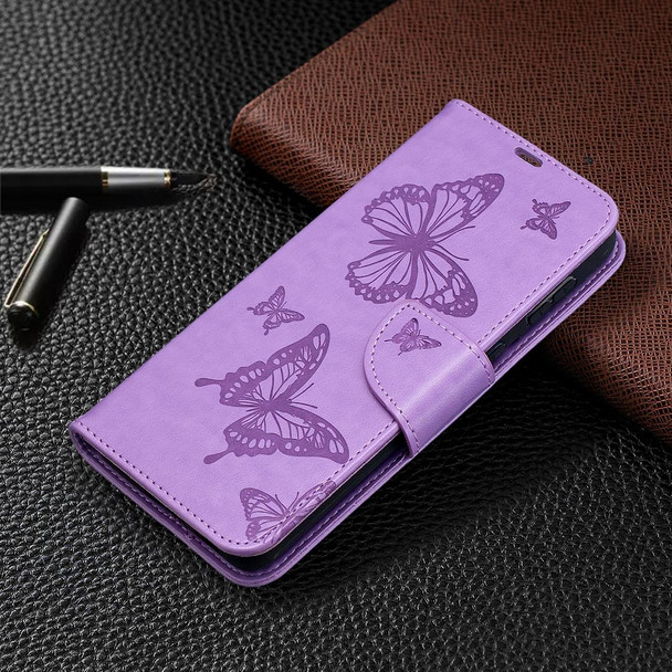 Samsung Galaxy S21+ 5G Embossing Two Butterflies Pattern Horizontal Flip PU Leather Case with Holder & Card Slot & Wallet & Lanyard(Purple)