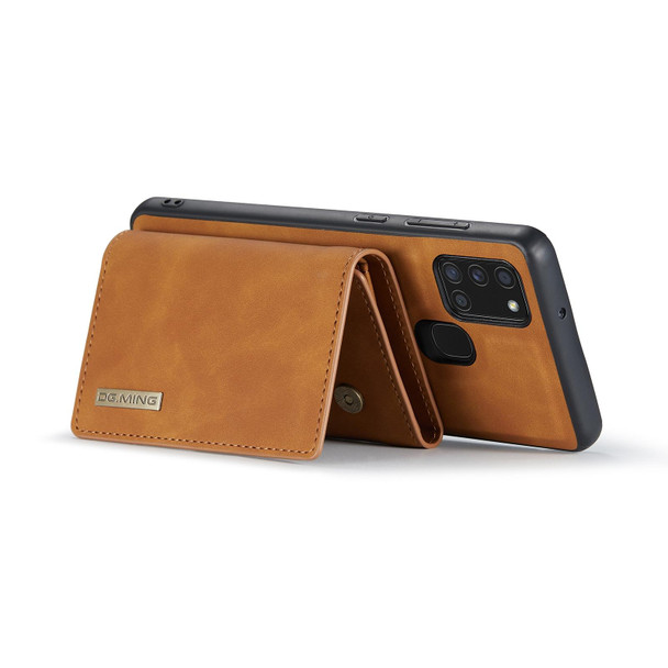 Samsung Galaxy A21s DG.MING M1 Series 3-Fold Multi Card Wallet + Magnetic Back Cover Shockproof Case with Holder Function(Brown)