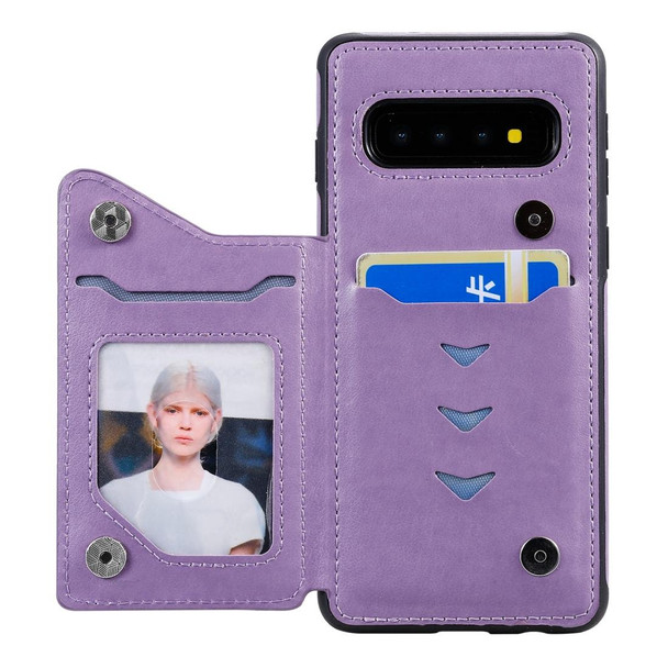 Galaxy S10 Six Cats Embossing Pattern Protective Case with Holder & Card Slots & Photo Frame(Purple)