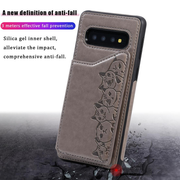 Galaxy S10 Six Cats Embossing Pattern Protective Case with Holder & Card Slots & Photo Frame(Purple)