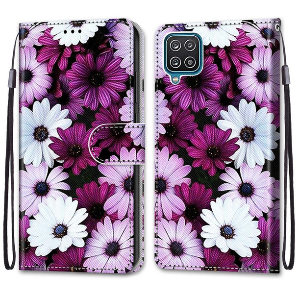 Samsung Galaxy A12 / M12 Coloured Drawing Cross Texture Horizontal Flip PU Leather Case with Holder & Card Slots & Wallet & Lanyard(Chrysanthemum Pink White Purple)