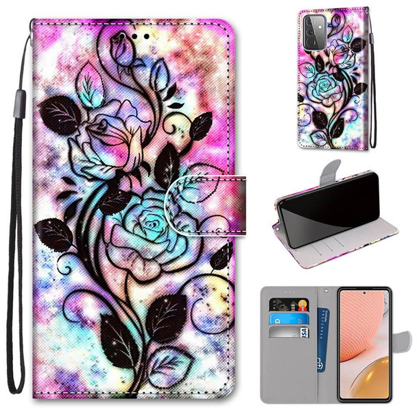 Samsung Galaxy A72 5G / 4G Coloured Drawing Cross Texture Horizontal Flip PU Leather Case with Holder & Card Slots & Wallet & Lanyard(Color Bottom Hollow Flower)