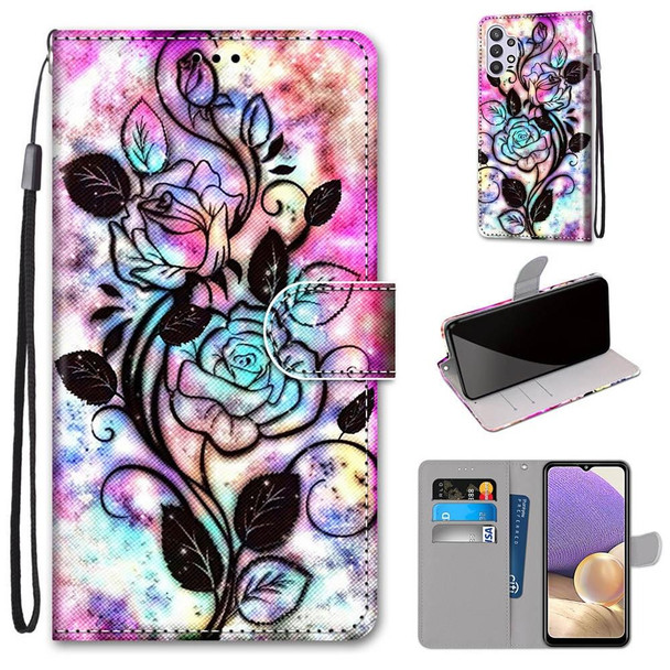 Samsung Galaxy A32 5G Coloured Drawing Cross Texture Horizontal Flip PU Leather Case with Holder & Card Slots & Wallet & Lanyard(Color Bottom Hollow Flower)