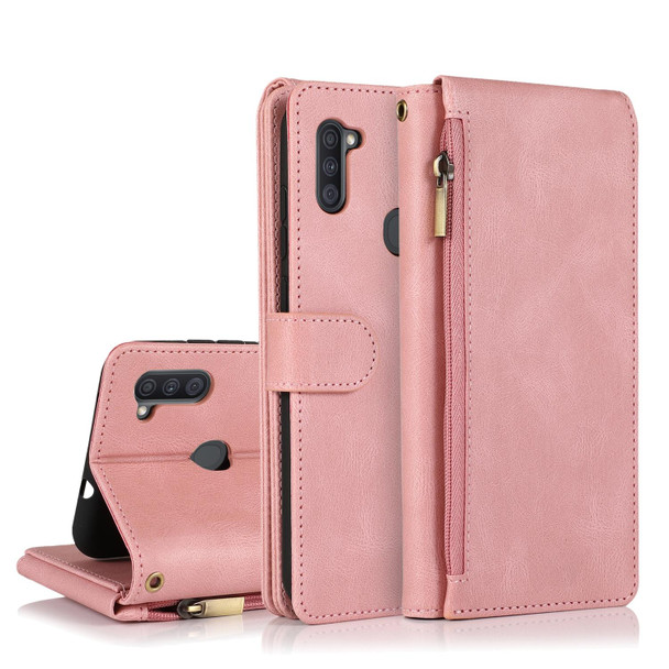 Samsung Galaxy A11 Skin-feel Crazy Horse Texture Zipper Wallet Bag Horizontal Flip Leather Case with Holder & Card Slots & Wallet & Lanyard(Rose Gold)