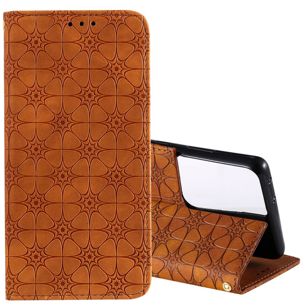 Samsung Galaxy S21 Ultra 5G Lucky Flowers Embossing Pattern Magnetic Horizontal Flip Leather Case with Holder & Card Slots(Yellow Brown)