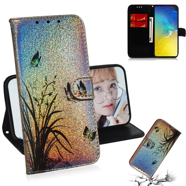 Colored Drawing Pattern Colorful Magnetic Buckle Horizontal Flip PU Leatherette Case with Holder & Card Slots & Wallet & Lanyard - Galaxy S10e(Butterfly Orchid)