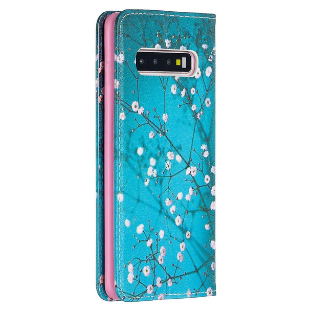 Samsung Galaxy S10 Colored Drawing Pattern Invisible Magnetic Horizontal Flip PU Leather Case with Holder & Card Slots & Wallet(Plum Blossom)