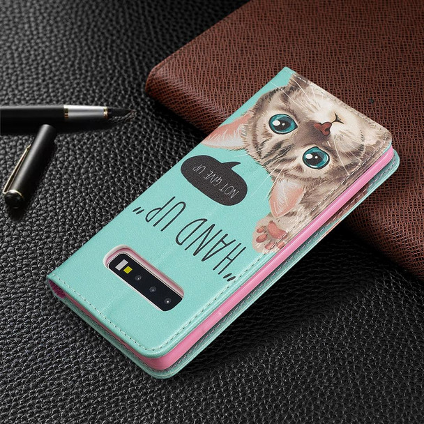 Samsung Galaxy S10 Colored Drawing Pattern Invisible Magnetic Horizontal Flip PU Leather Case with Holder & Card Slots & Wallet(Cat)