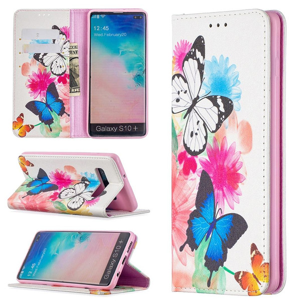 Samsung Galaxy S10 Plus Colored Drawing Pattern Invisible Magnetic Horizontal Flip PU Leather Case with Holder & Card Slots & Wallet(Two Butterflies)