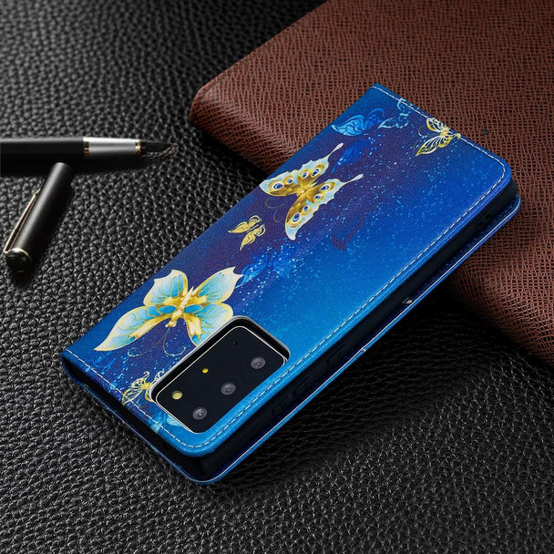 Samsung Galaxy Note20 Ultra Colored Drawing Pattern Invisible Magnetic Horizontal Flip PU Leather Case with Holder & Card Slots & Wallet(Gold Butterflies)