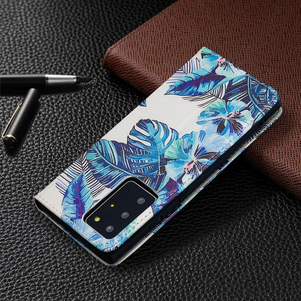 Samsung Galaxy Note20 Ultra Colored Drawing Pattern Invisible Magnetic Horizontal Flip PU Leather Case with Holder & Card Slots & Wallet(Blue Leaves)