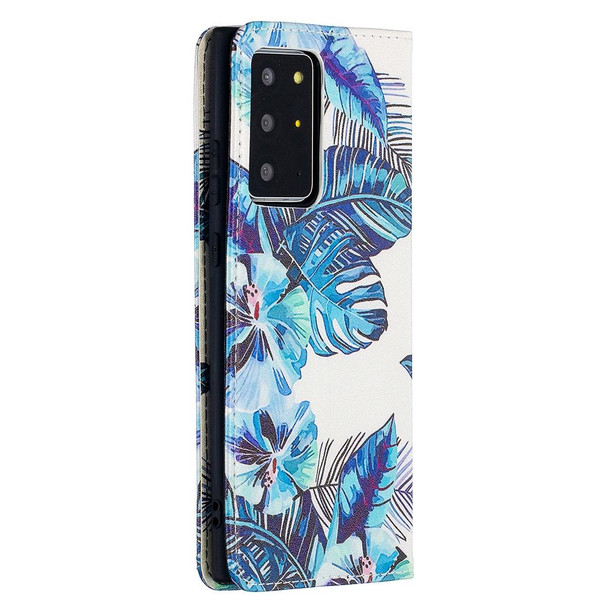 Samsung Galaxy Note20 Ultra Colored Drawing Pattern Invisible Magnetic Horizontal Flip PU Leather Case with Holder & Card Slots & Wallet(Blue Leaves)