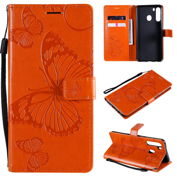 Samsung Galaxy A21 3D Butterflies Embossing Pattern Horizontal Flip Leather Case with Holder & Card Slot & Wallet(Orange)